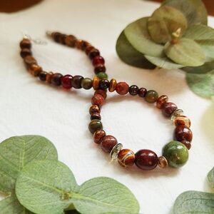 Wood & Gemstone Choker: Jade, Tigers Eye, Serpentine - Forest Grunge